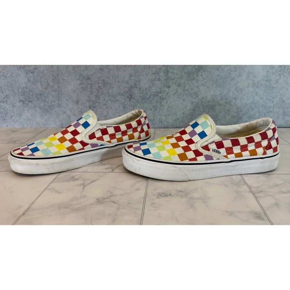 Vans Classic Slip-On Rainbow Checkerboard Sneakers Mens 7 Womens 8.5 Multi Color